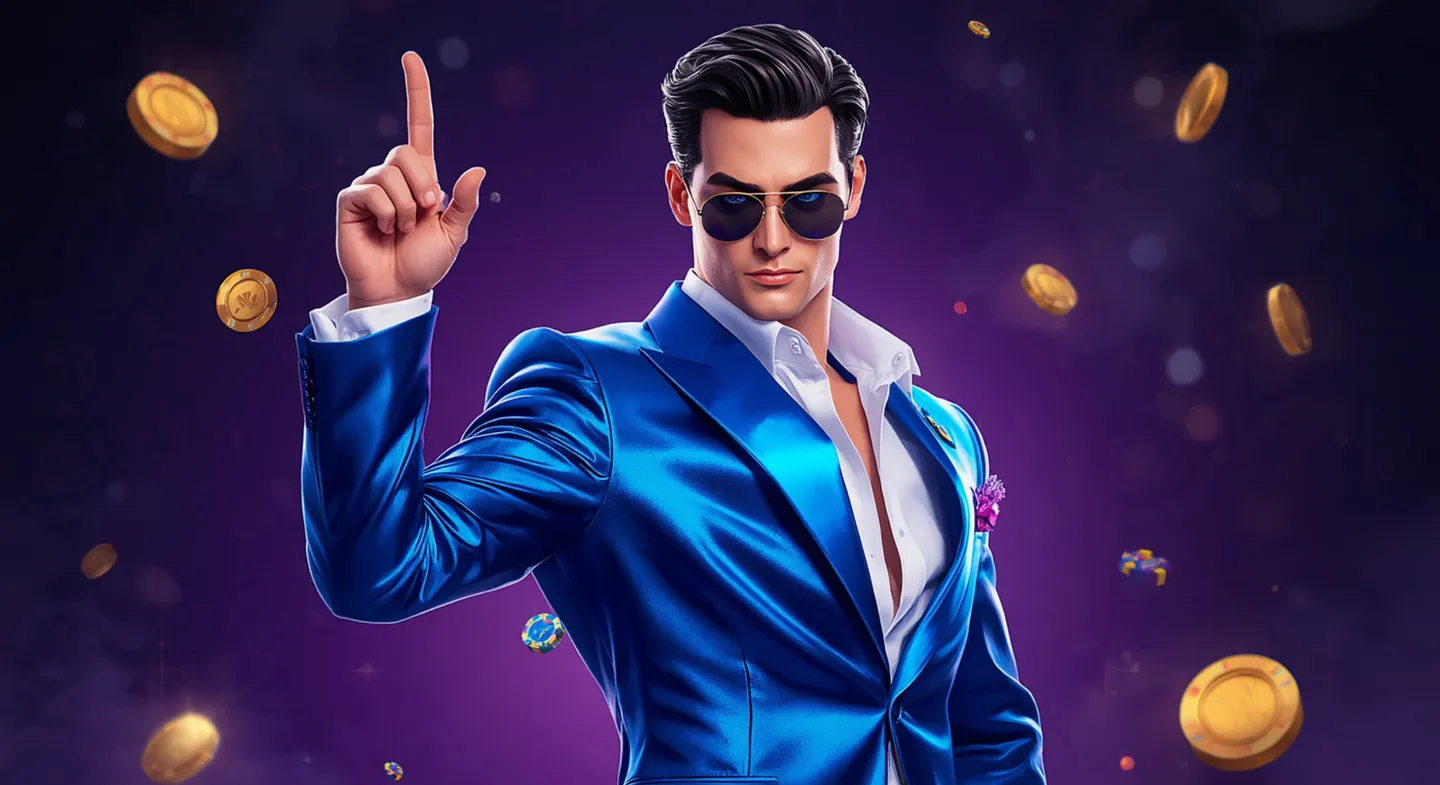 Coolzino — uomo elegante in giacca blu con monete d'oro fluttuanti